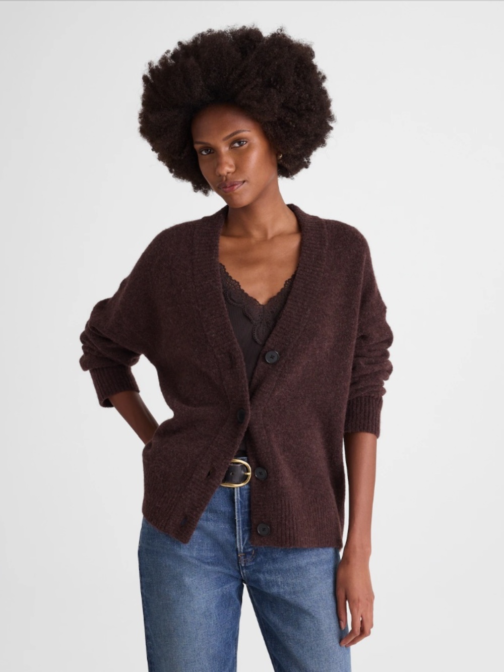 New MADEWELL V-Neck Drop-Shoulder Cardigan — Dark Umber Brown, Small